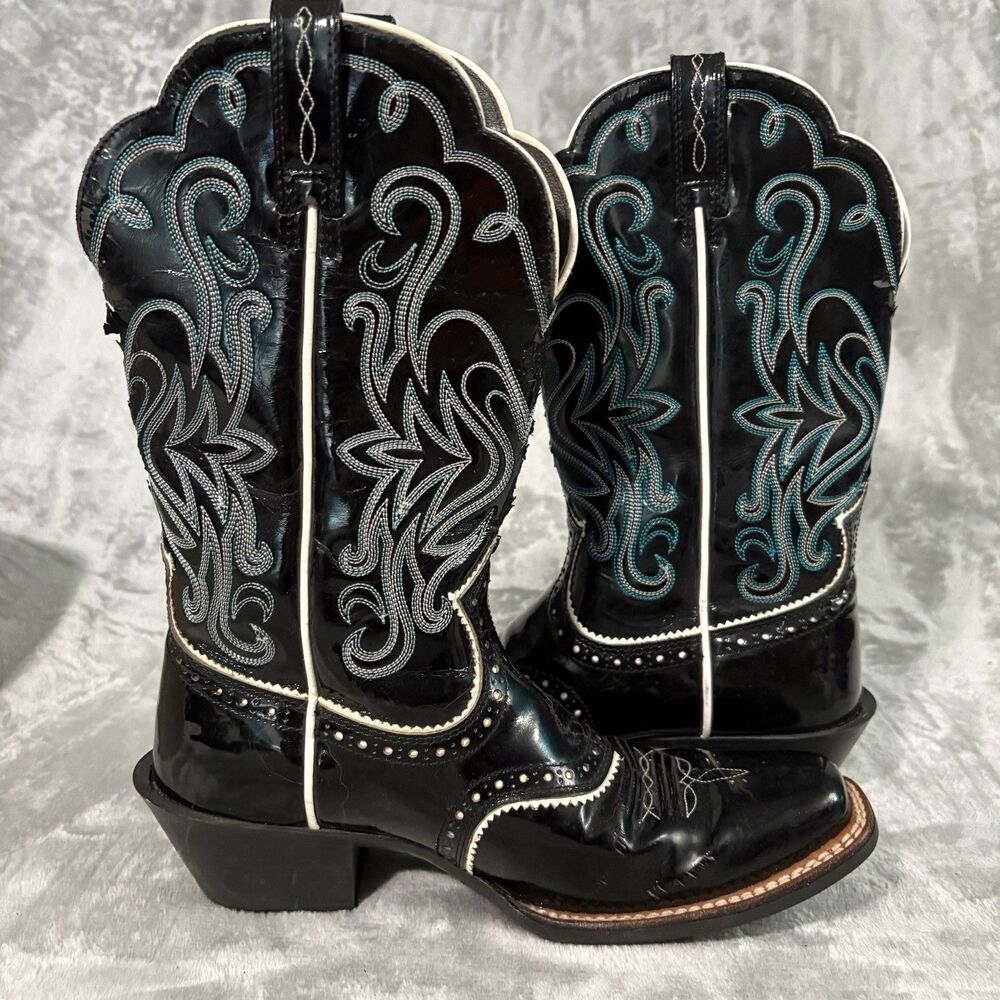 Ariat Women’s Patent Leather Black Cowboy Boots Turquoise Accent Size 7.5B